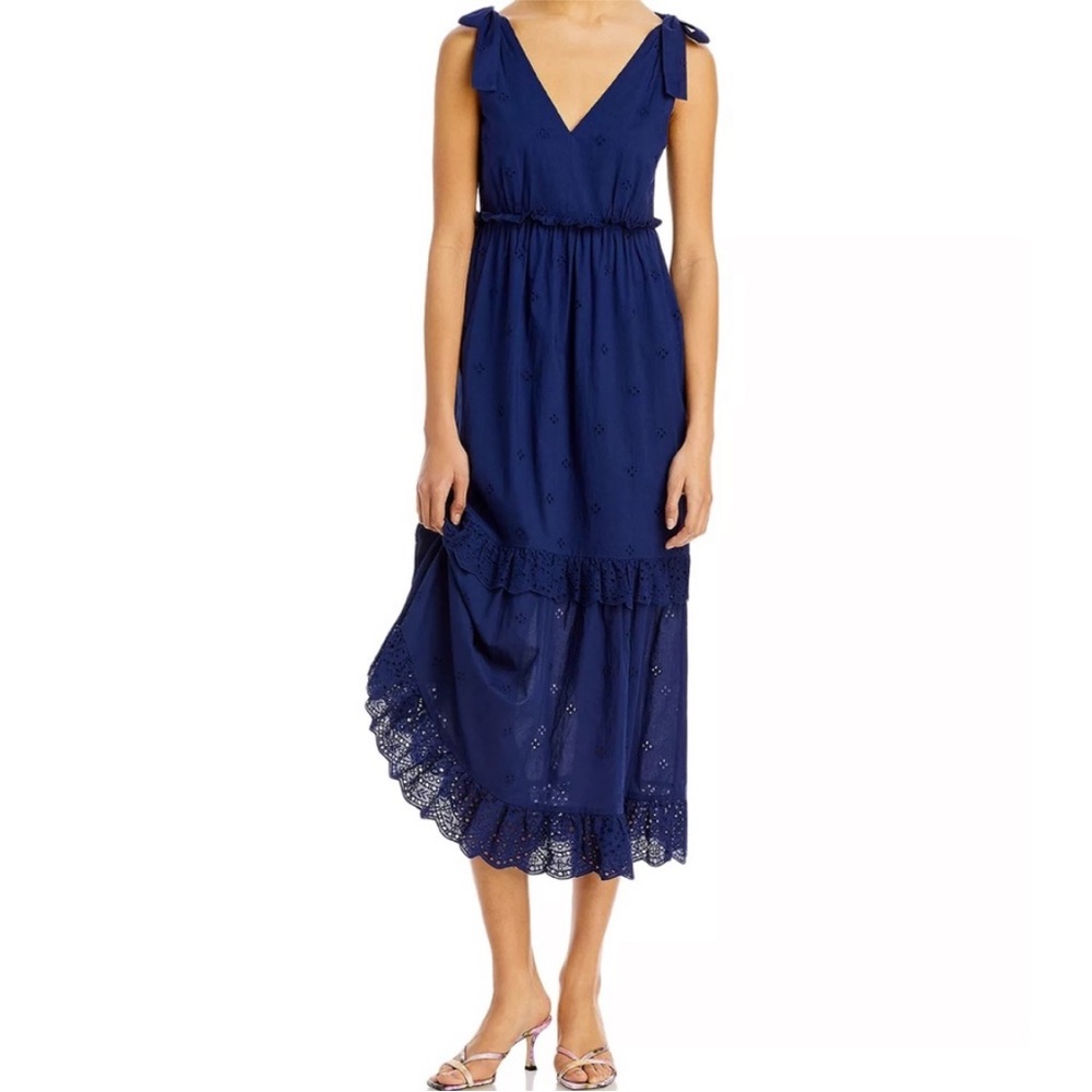 Aqua Blue Eyelet Ruffled Tiered Tow Shoulder Midi Dress